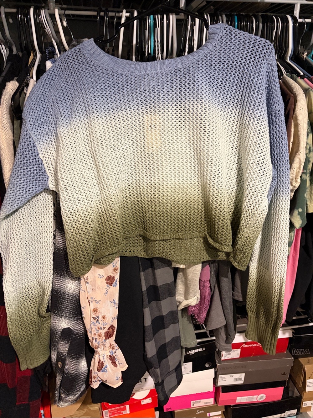 Ombré Open-Knit Crew Sweater in Blue, Cream & Green